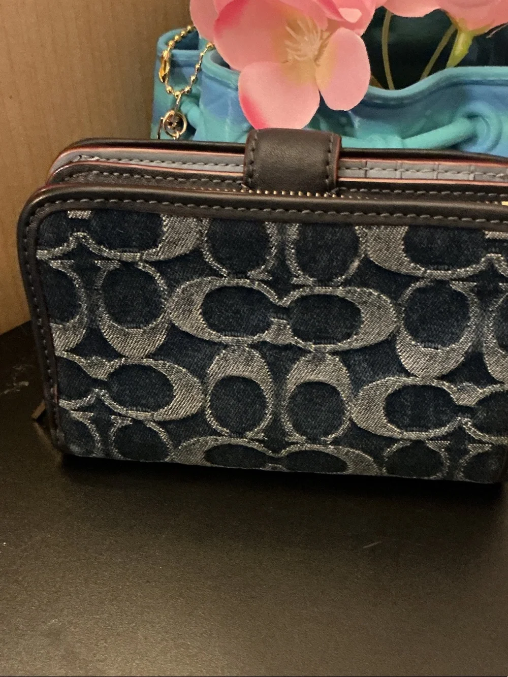 Coach Denim Signature C Compact Wallet in Dark Blue with Gold Hardware